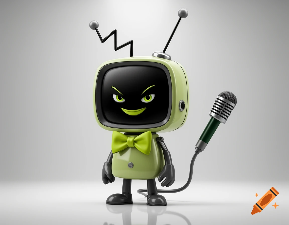 3D render of a pistachio green robotic TV character with a bow tie and microphone tail.
