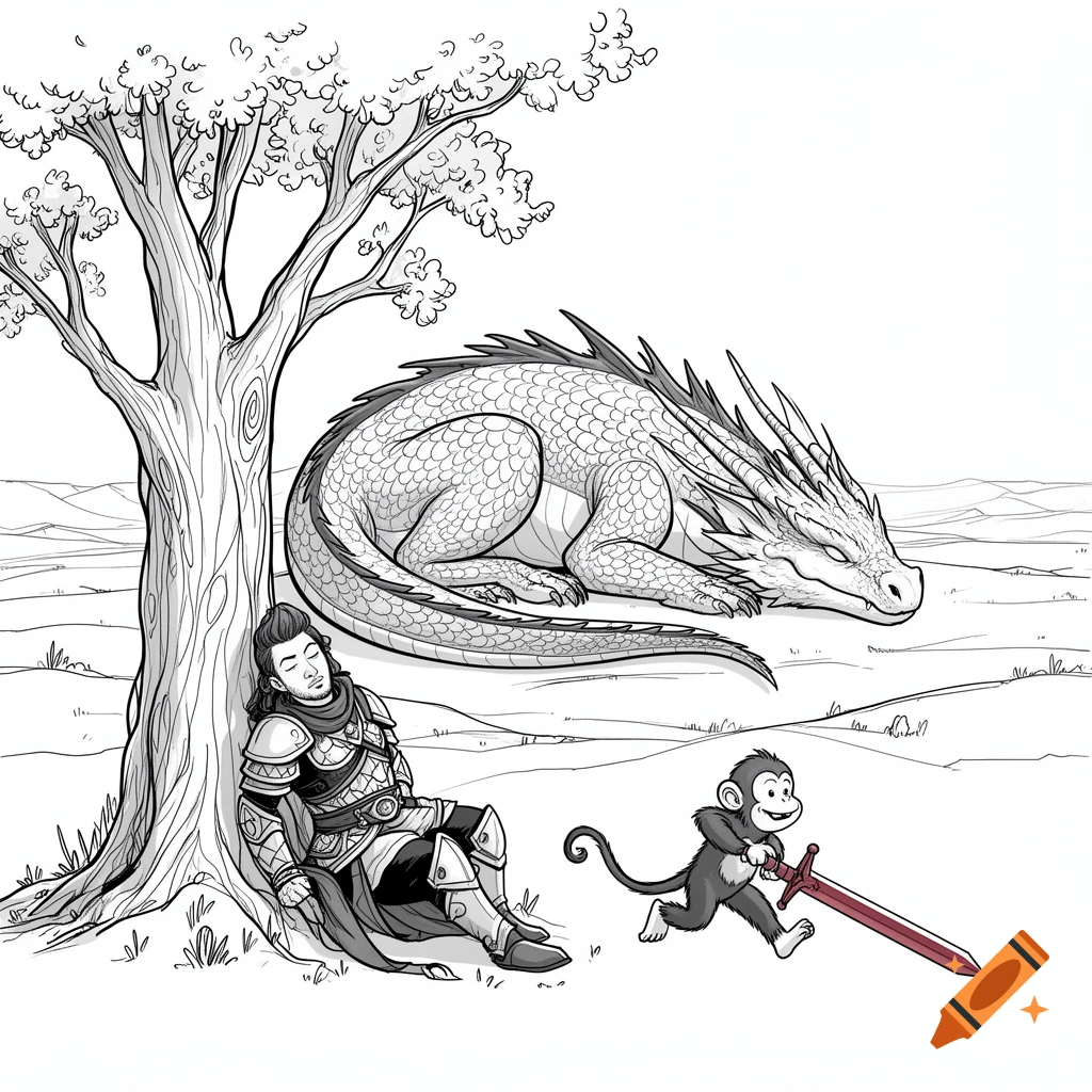 Black and white line sketch of a warrior sleeping under a tree with a large dragon behind him, while a small monkey steals his sword.
