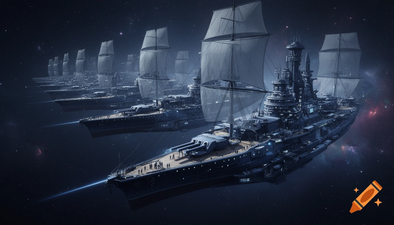 A fleet of massive alien warships resembling ironclad sailing vessels with solar sails in deep space, photorealistic.