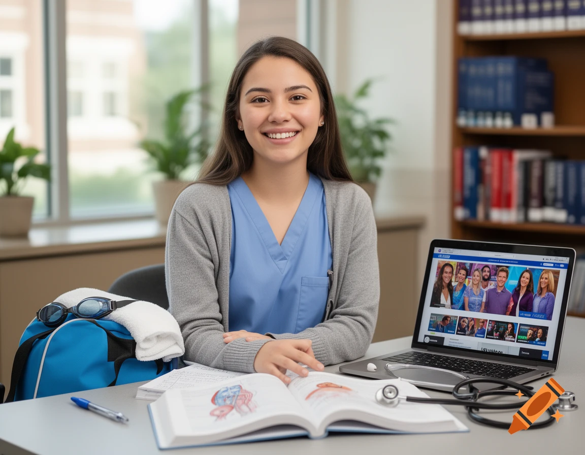 Photorealistic portrait of a young female nursing student smiling at a desk with an open medical book and laptop.