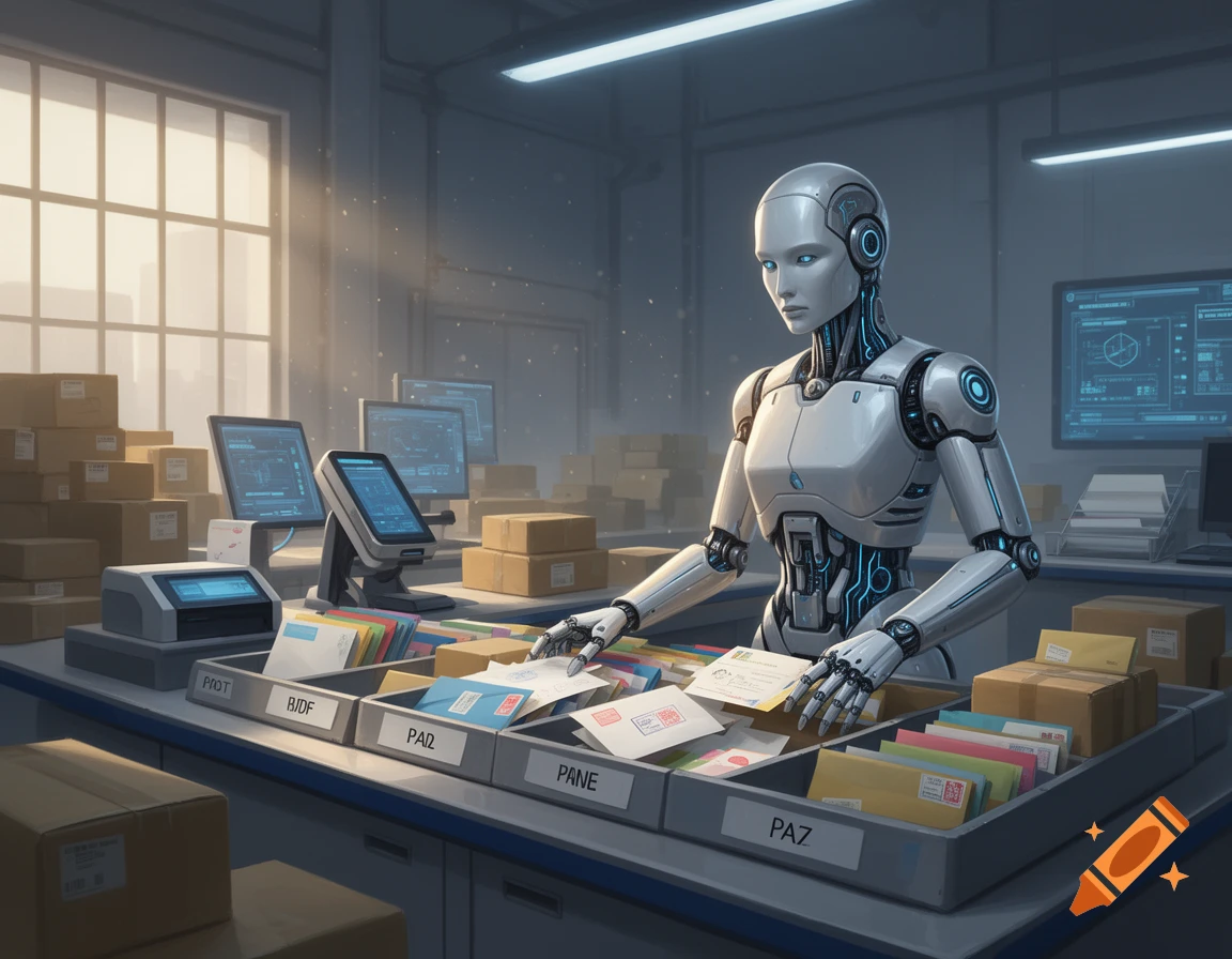 A white humanoid robot sorting mail into labeled bins inside a futuristic industrial warehouse.