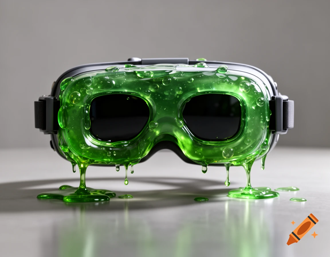 A photorealistic VR headset made of translucent green slime, with bubbles and dripping slime on a reflective surface.