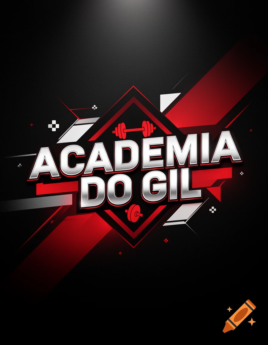 A stylized red and black gym logo with silver 3D text reading 'ACADEMIA DO GIL' and barbell graphics.