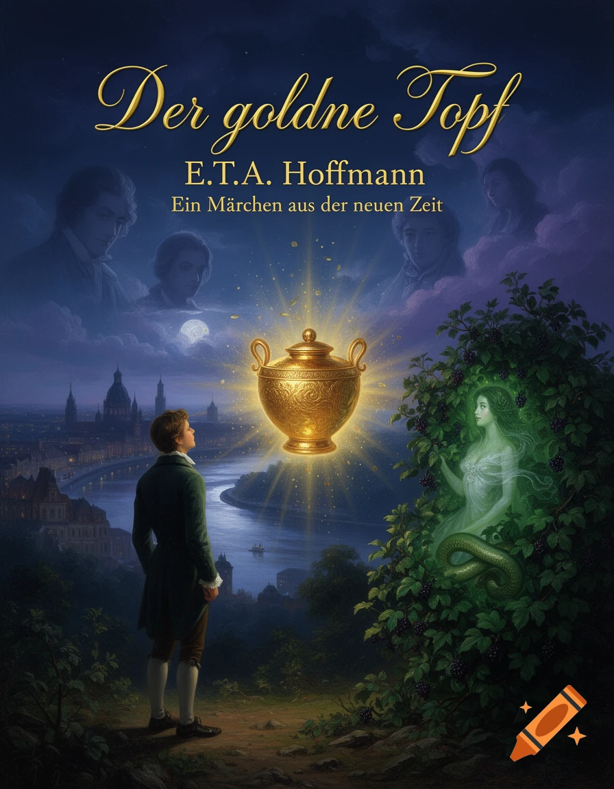 Romantic fantasy book cover illustration showing a young man looking at a glowing golden pot with a woman in an elder bush.