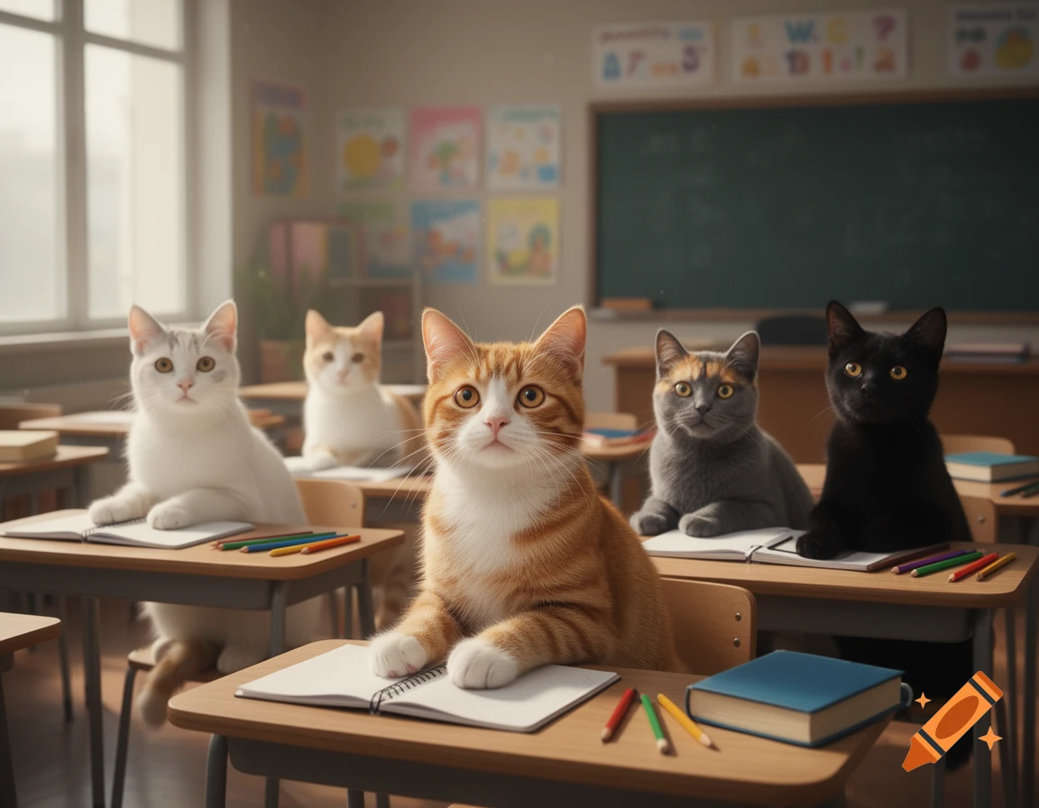 Photorealistic image of several cute cats sitting at wooden desks in a classroom with a chalkboard in the background.