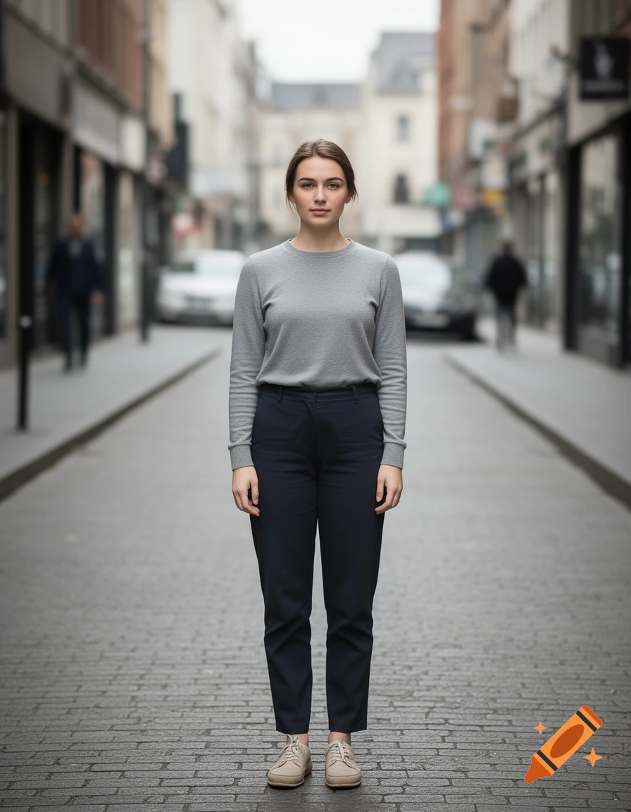 Photorealistic full-body portrait of a young woman standing on a city street in a grey sweater and dark trousers.