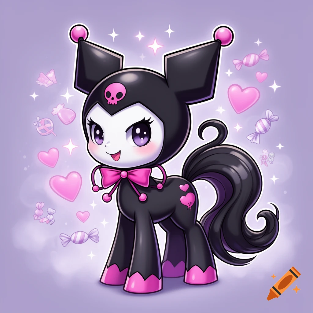 Stylized My Little Pony character with Kuromi aesthetics, featuring black and pink coloring, a skull on the head, and hearts in the background.
