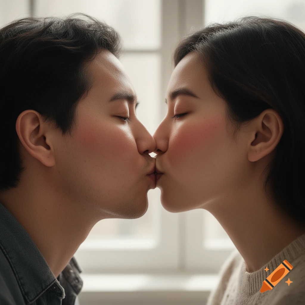 Close-up photorealistic portrait of an Asian couple kissing.