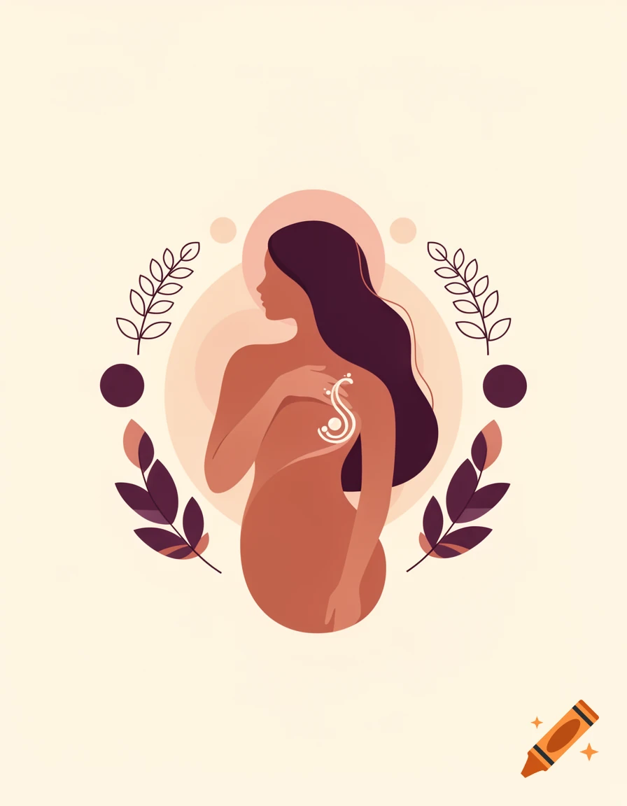 Minimalist vector illustration of a female silhouette with a stylized floral and celestial design.