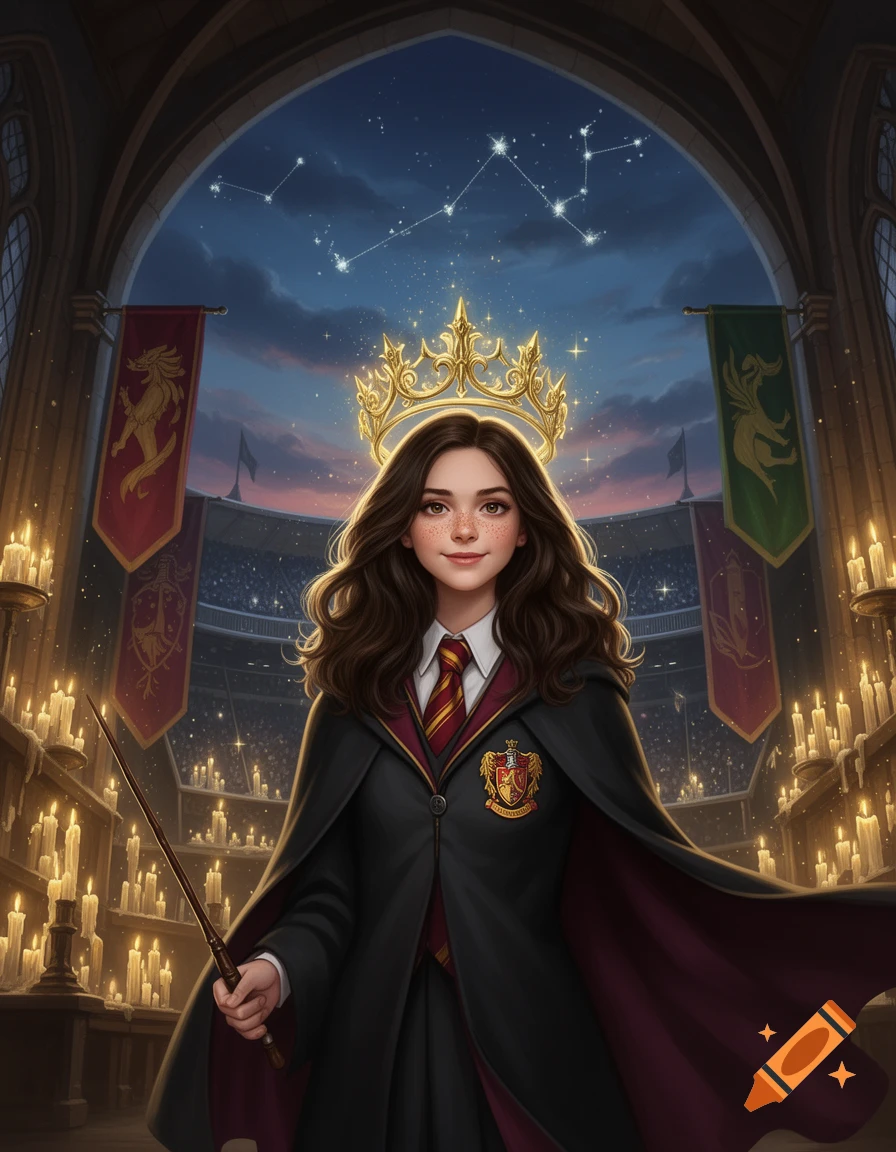 Digital painting of a young witch with a golden crown, holding a wand inside a castle hall with glowing candles and a starry night sky view.
