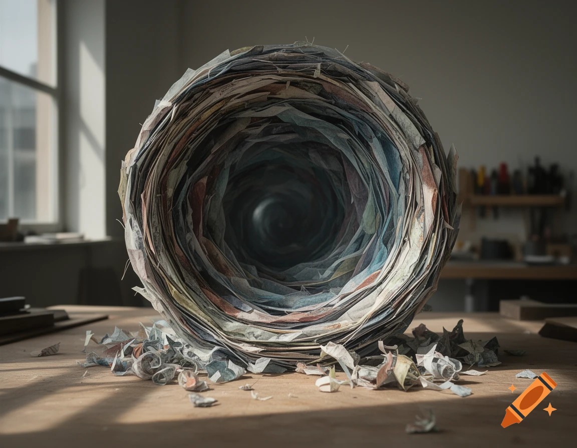 Photorealistic image of an interdimensional paper portal tunnel on a wooden table.