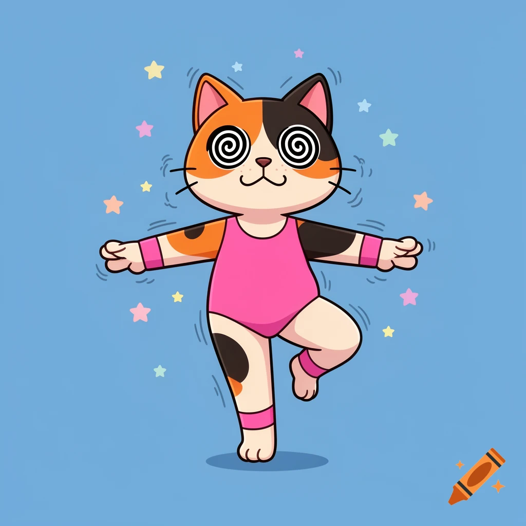 Cartoon calico cat in a pink gym suit balancing on one leg with spiral eyes, flat illustration style.