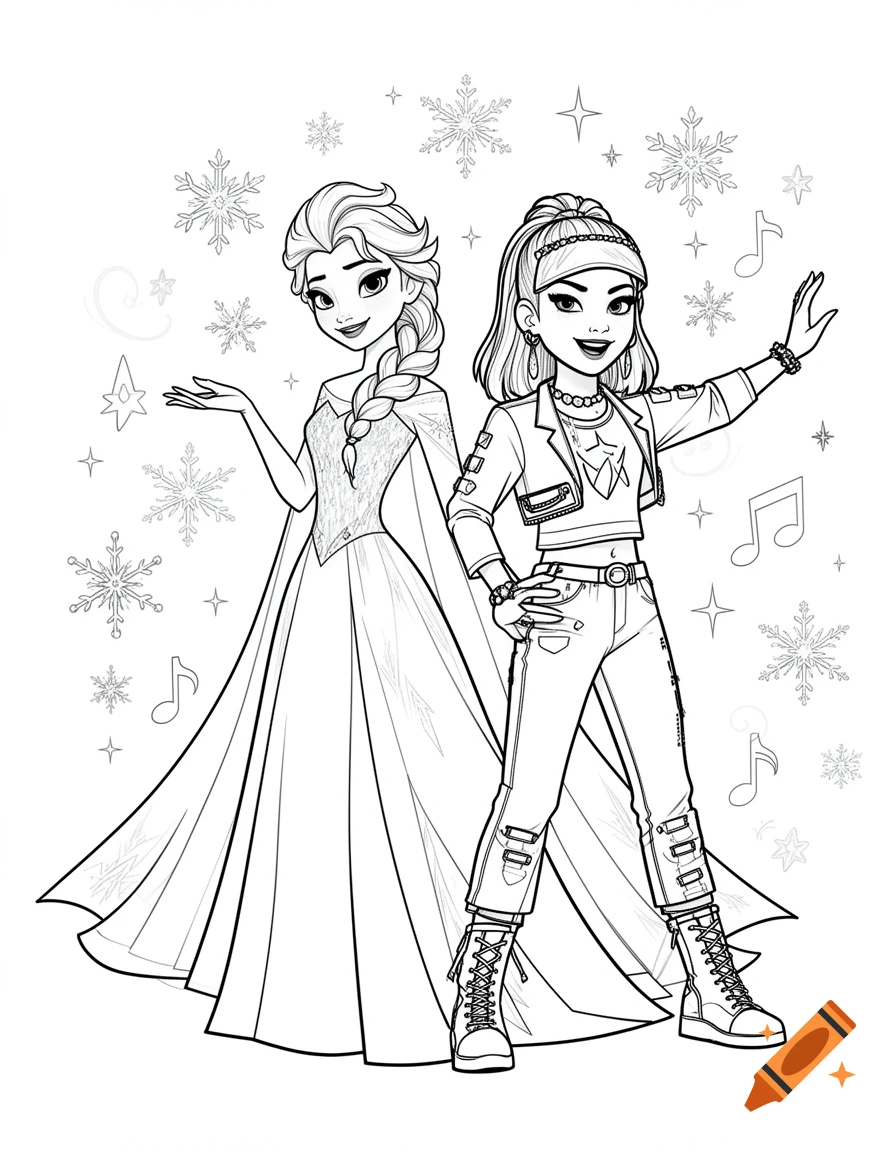 Black and white coloring page featuring Elsa from Frozen and a K-pop idol standing side-by-side surrounded by snowflakes and musical notes.