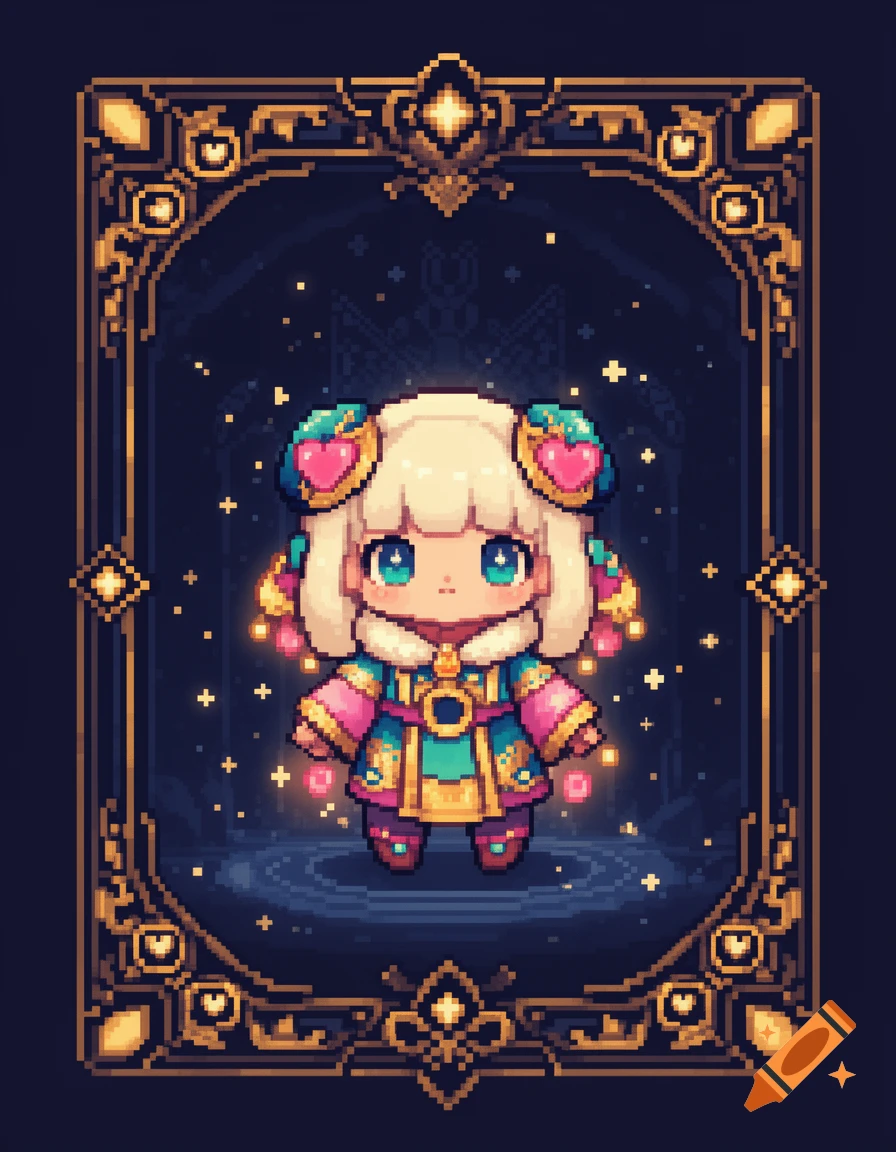 Pixel art trading card featuring a cute chibi character with large blue eyes inside an ornate golden frame.