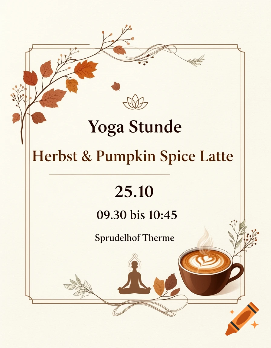 Autumn-themed yoga class flyer with leaves, a coffee cup with latte art, and event details in German.
