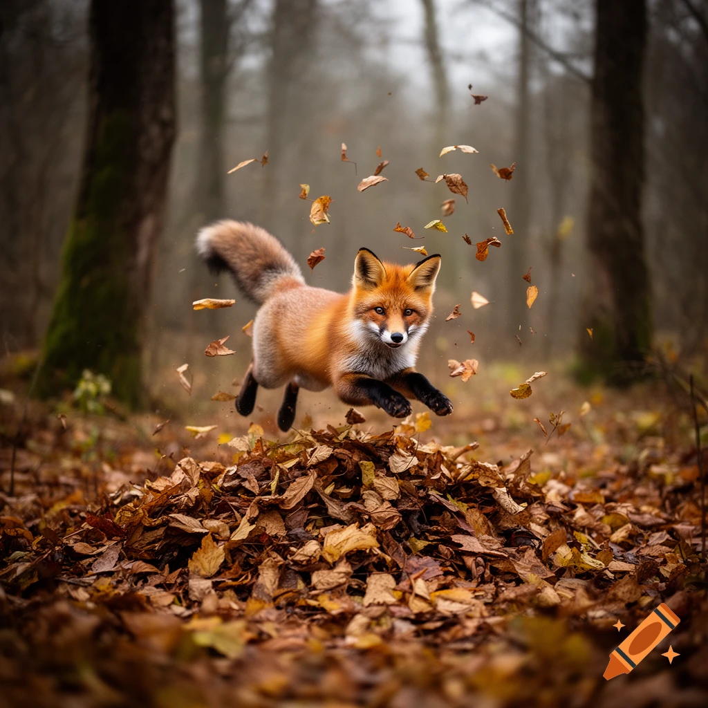 Photorealistic image of a red fox mid-air jumping into a pile of autumn leaves in a cloudy forest.