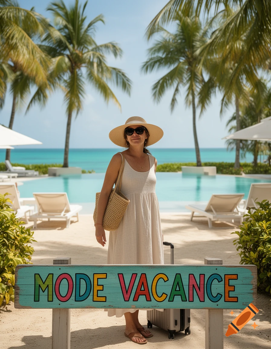 Photorealistic image of a woman in a beige dress and hat standing on a resort beach with a sign reading MODE VACANCE.