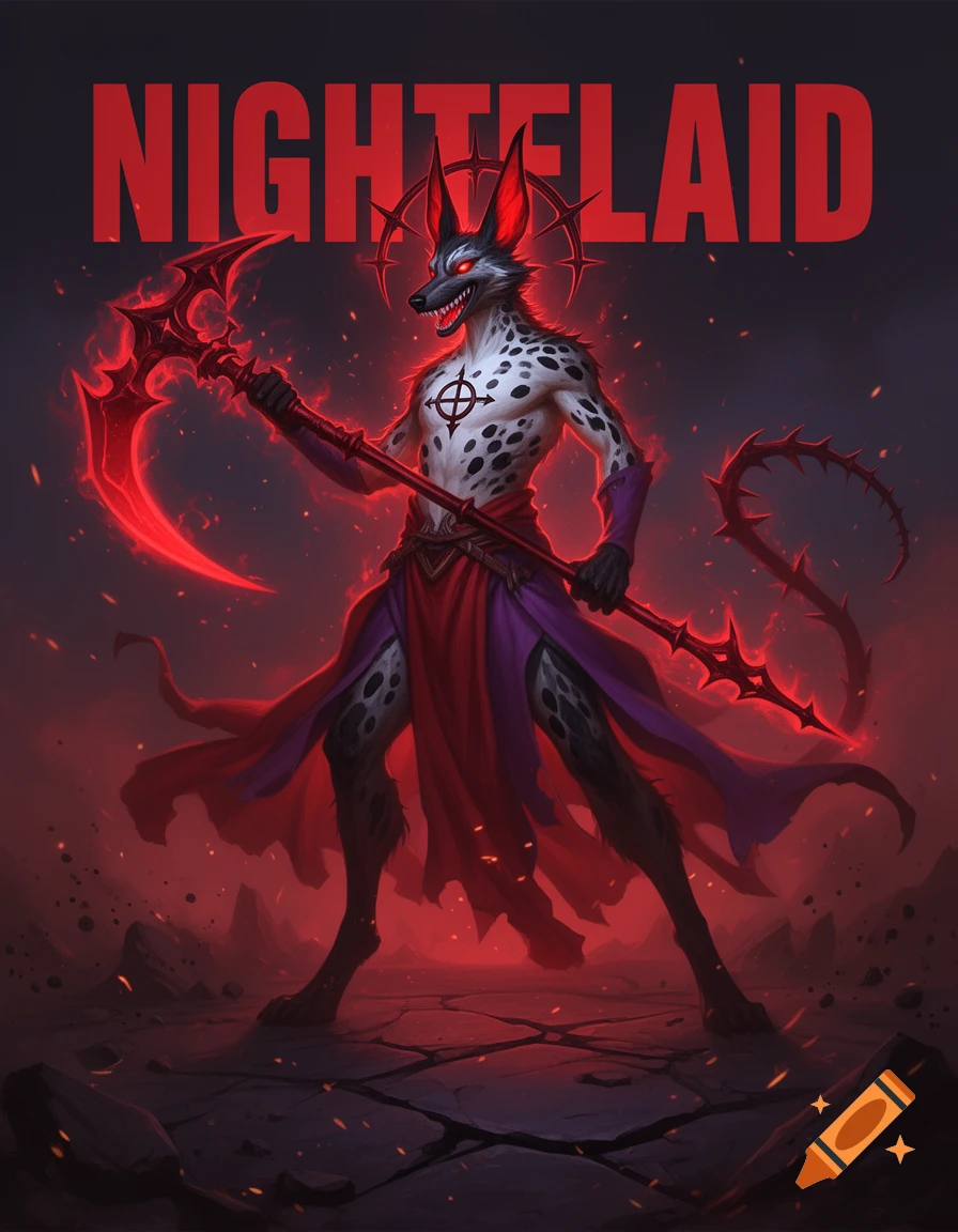 Digital art of a jackal-like demon with black and white spots, holding a red scythe under the text NIGHTFLAID.