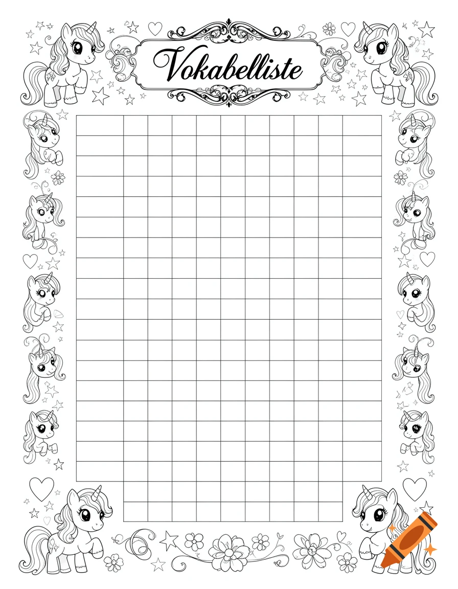 Black and white coloring page with a vocabulary list grid, decorated with unicorns and flowers.