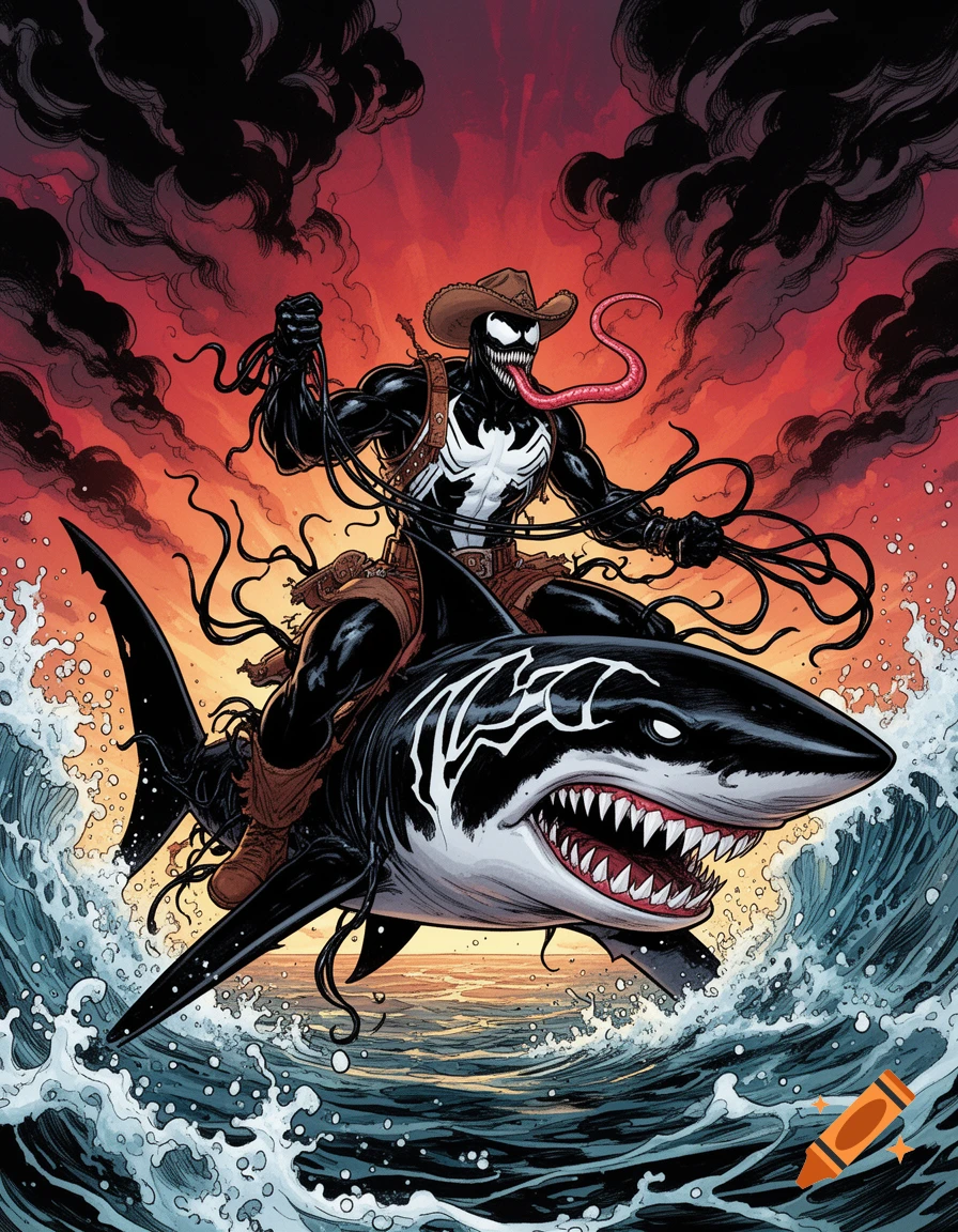 Comic book style illustration of Venom wearing a cowboy hat while riding a large shark in a turbulent sea under a dramatic red sky.