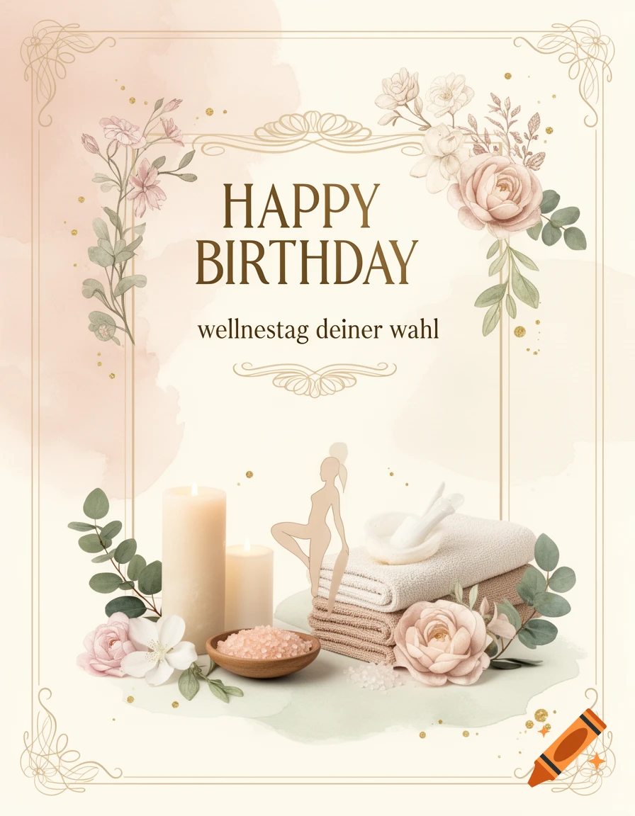 Birthday greeting card with flowers, candles, towels, and text saying Happy Birthday and wellnesstag deiner wahl, watercolor style.