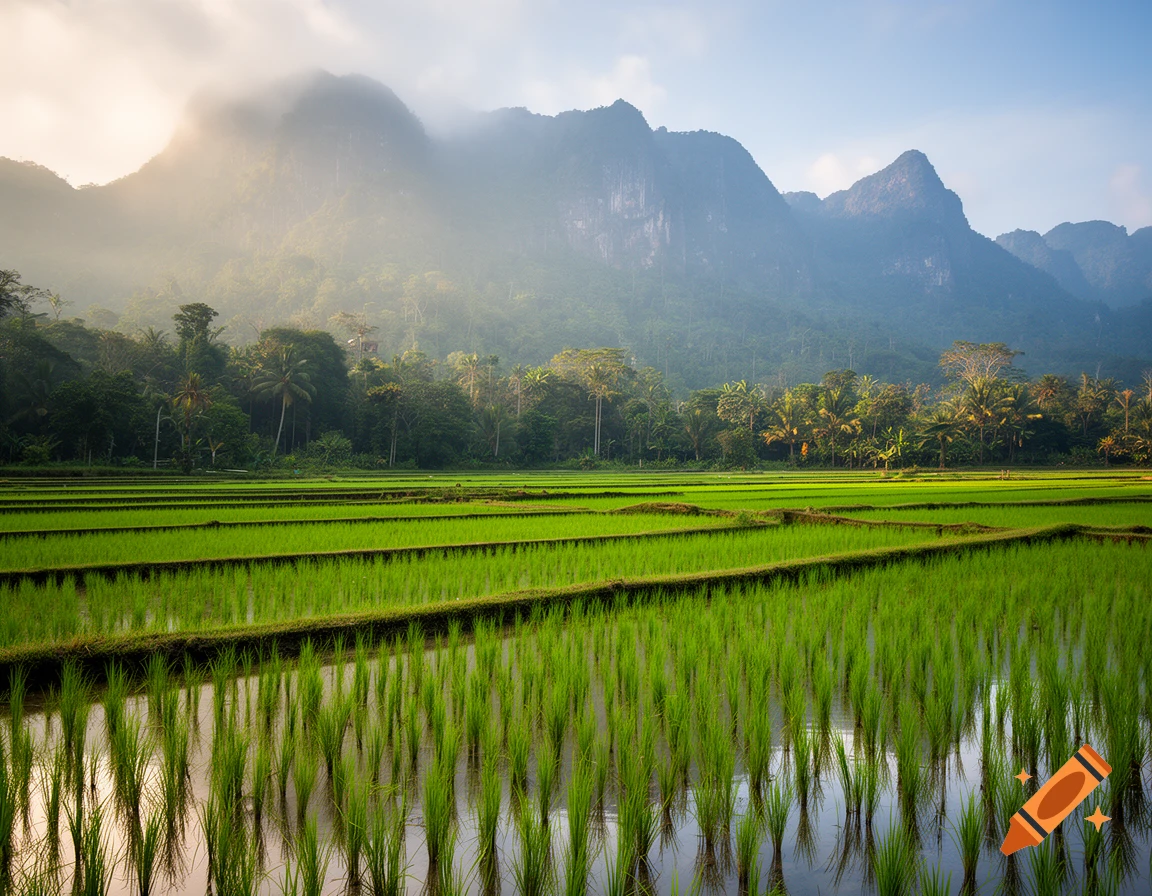 Photorealistic landscape of lush green rice paddies in the foreground with misty mountains and trees in the background.