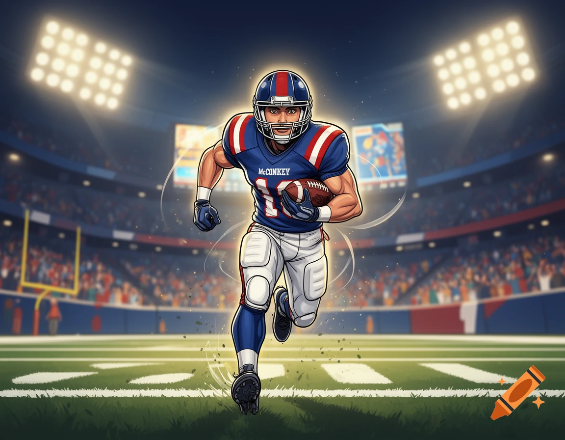 Cartoon illustration of a football player in a blue uniform running on a stadium field under bright lights.