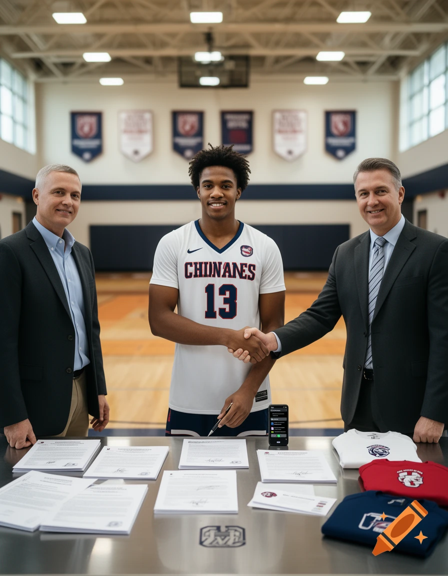 Photorealistic image of a college basketball player shaking hands with two men across a desk covered in papers, signing an NIL deal.