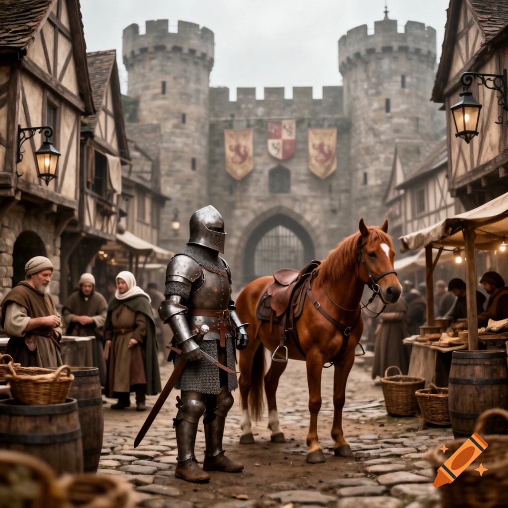 Photorealistic medieval village scene featuring a knight in armor and a brown horse standing on cobblestone streets.