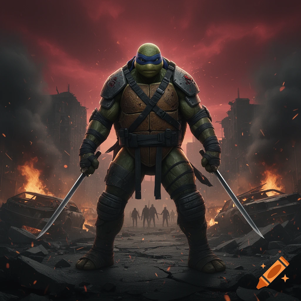 A photorealistic depiction of a Ninja Turtle warrior standing amidst a war-torn, burning city skyline with two swords.