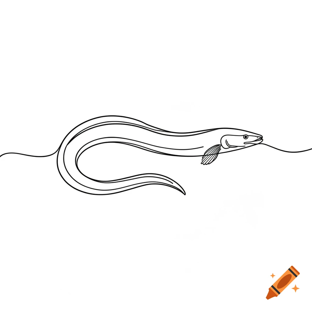 Minimalist continuous line drawing of an eel on a white background.
