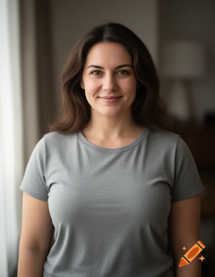 Photorealistic upper body portrait of a smiling woman with dark hair wearing a gray t-shirt indoors.