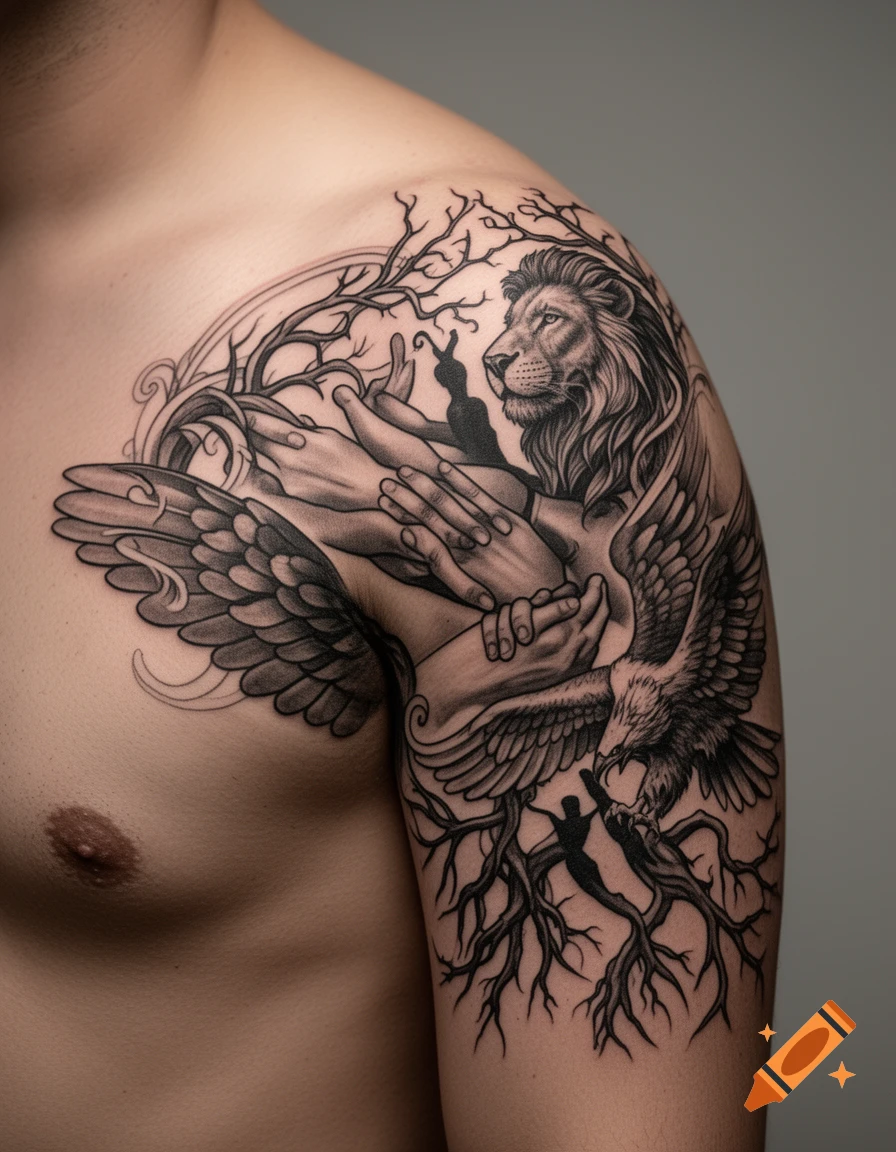 Close-up of a detailed black and grey tattoo on a person's shoulder and chest depicting a lion, eagle, tree branches, and hands.