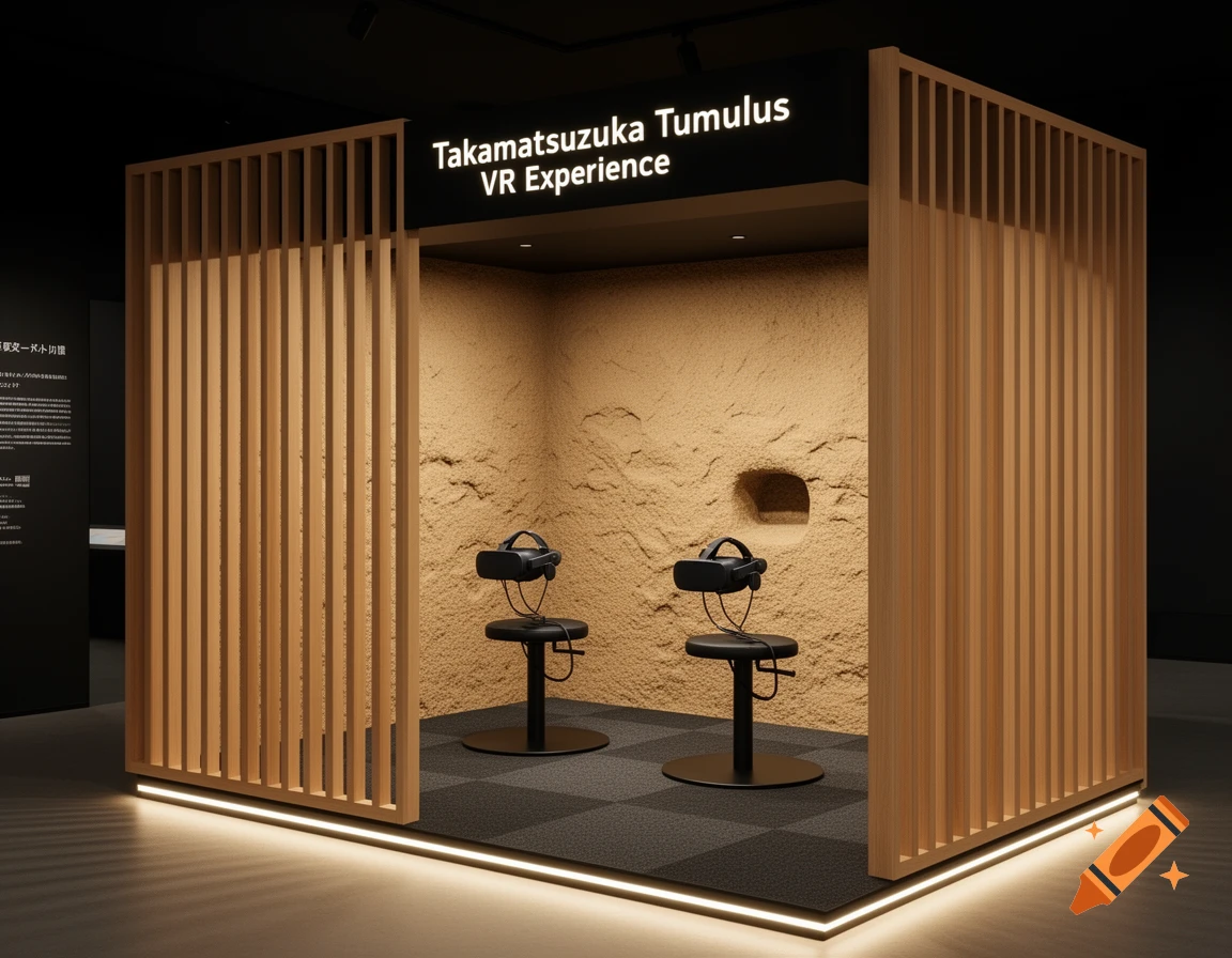 Modern Japanese-style VR experience booth with wooden louvers, sandy walls, and two VR headsets on stools inside.