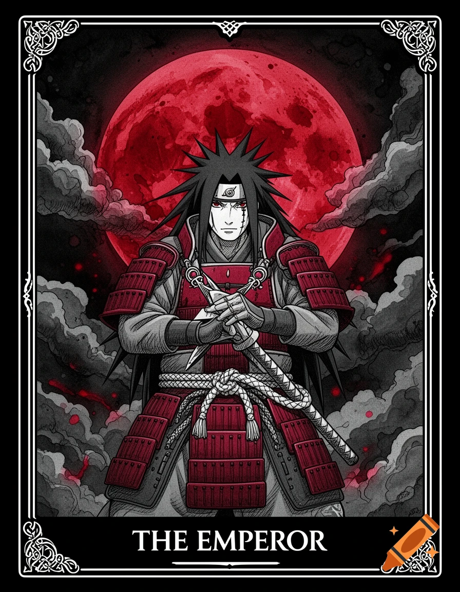 Tarot card design depicting Madara Uchiha in samurai armor under a red moon, with the text THE EMPEROR.