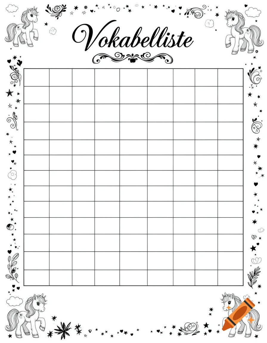 Black and white vocabulary list worksheet with a grid, unicorn illustrations, and cursive heading 'Vokabelliste'.