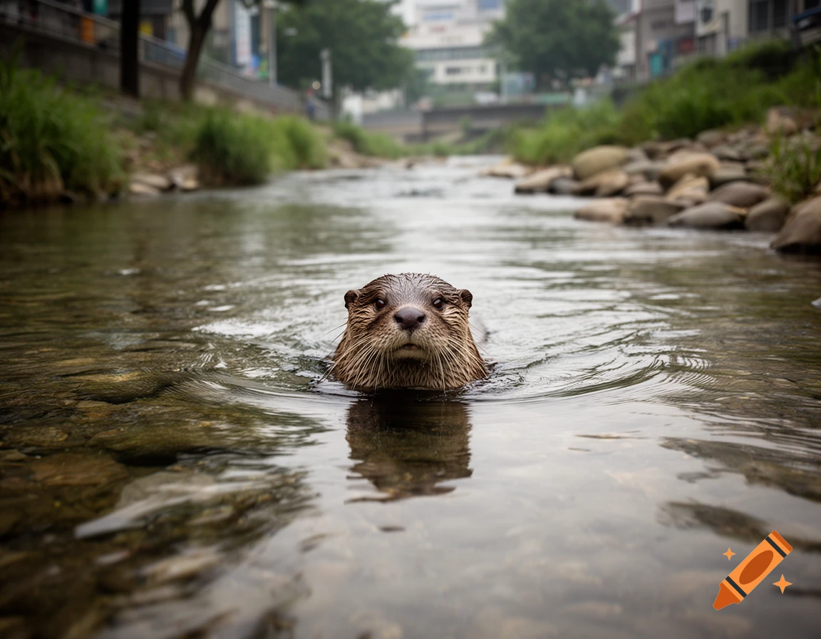An otter swimming in a shallow stream with a city background, photorealistic.