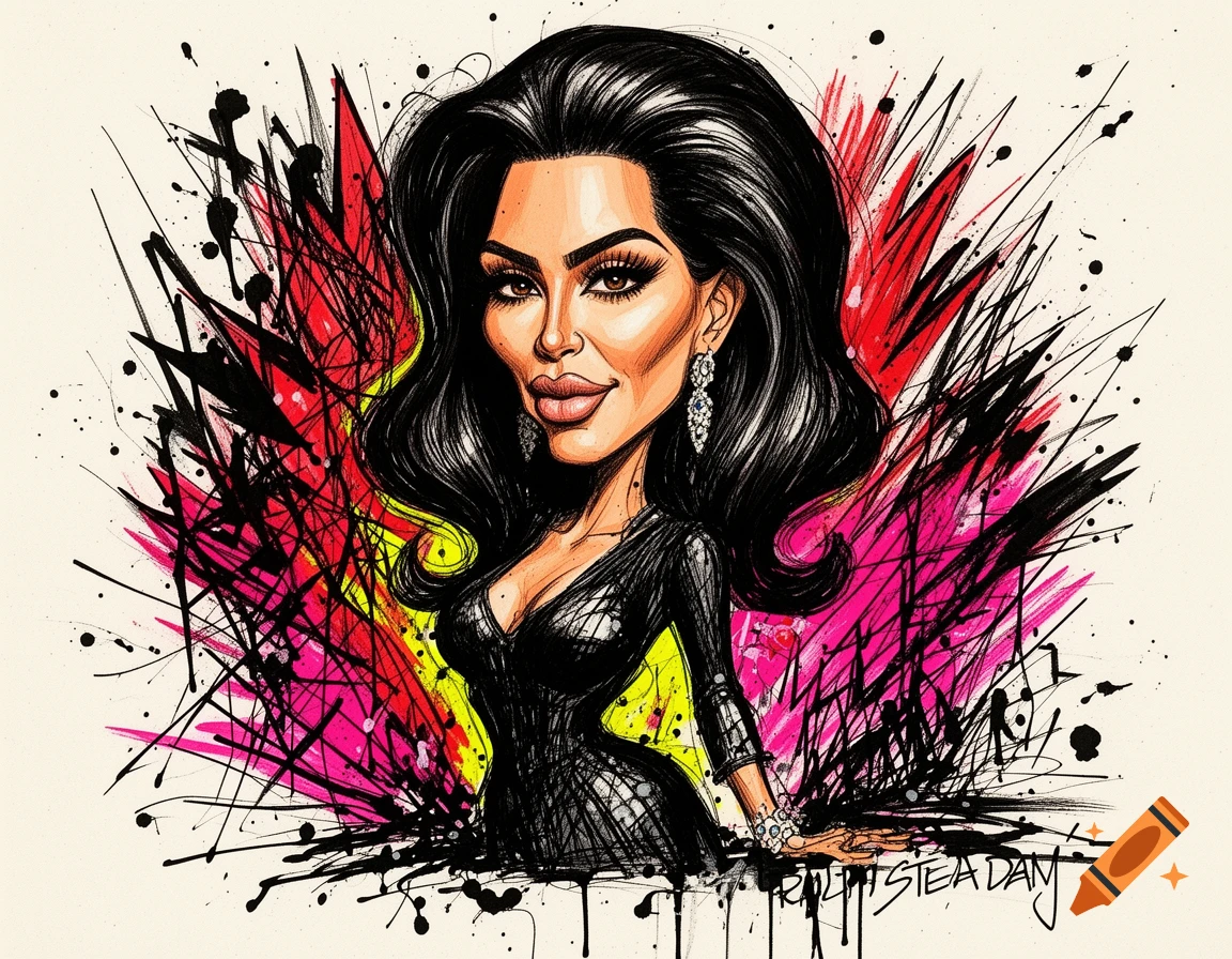 Caricature of Kim Kardashian in Ralph Steadman style with black hair, black dress, and colorful abstract paint splashes background.