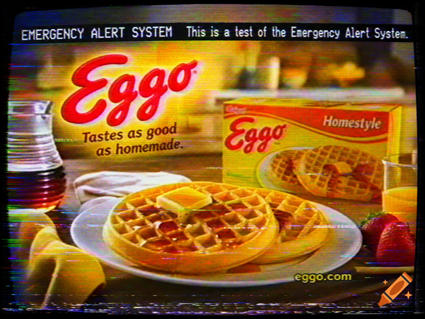 A vintage 2007 television screen displaying an Eggo waffles commercial with VHS tracking distortion and an emergency alert message.