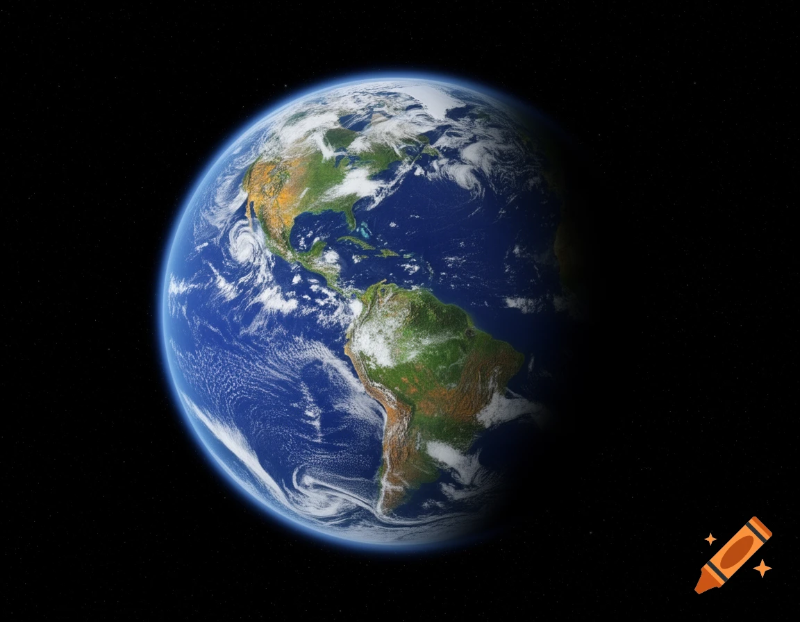 Photorealistic view of Earth from space, showing North and South America against a black starfield.