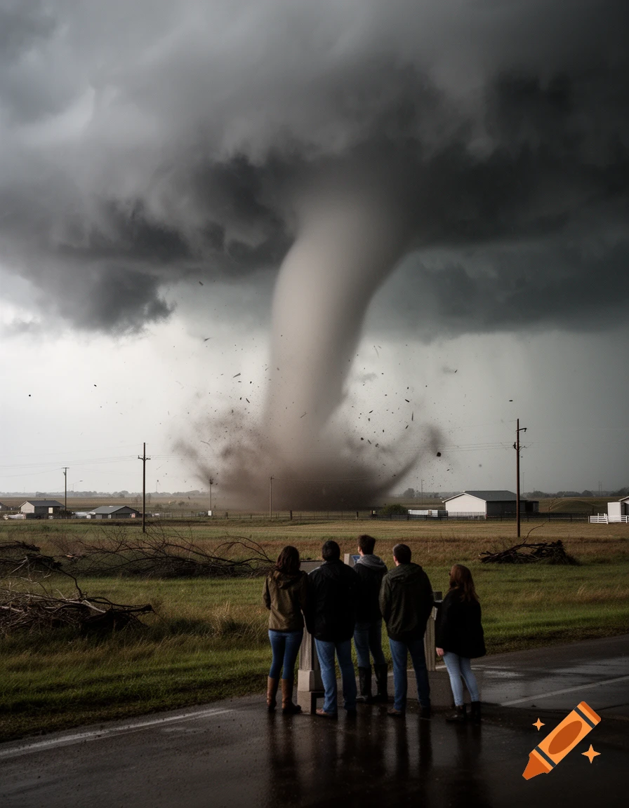 Photorealistic image of a large tornado touching down in a rural field, watched by a group of people from a distance.