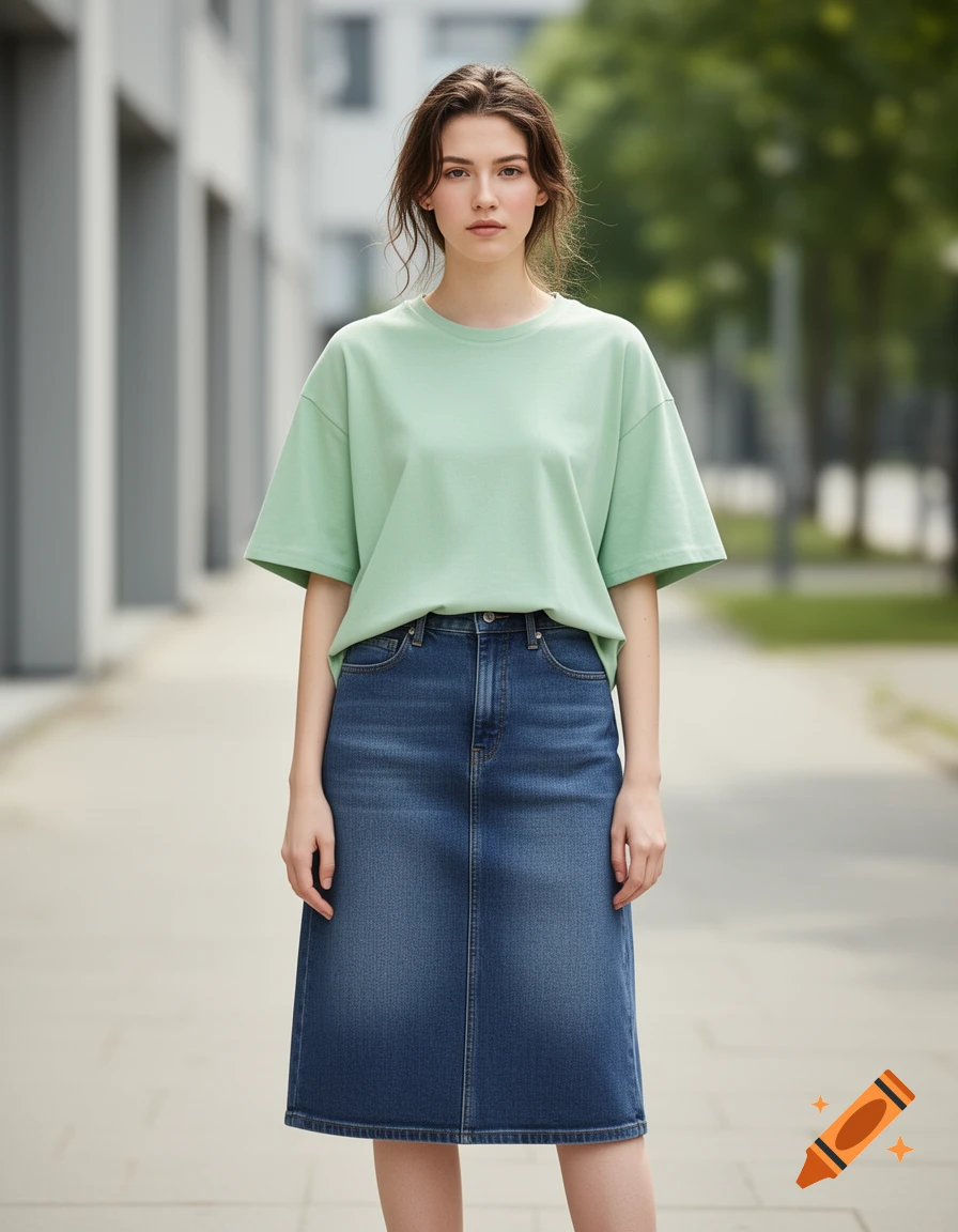 Photorealistic full-length portrait of a young woman wearing a pastel green oversized t-shirt and a blue denim midi skirt, standing outdoors.