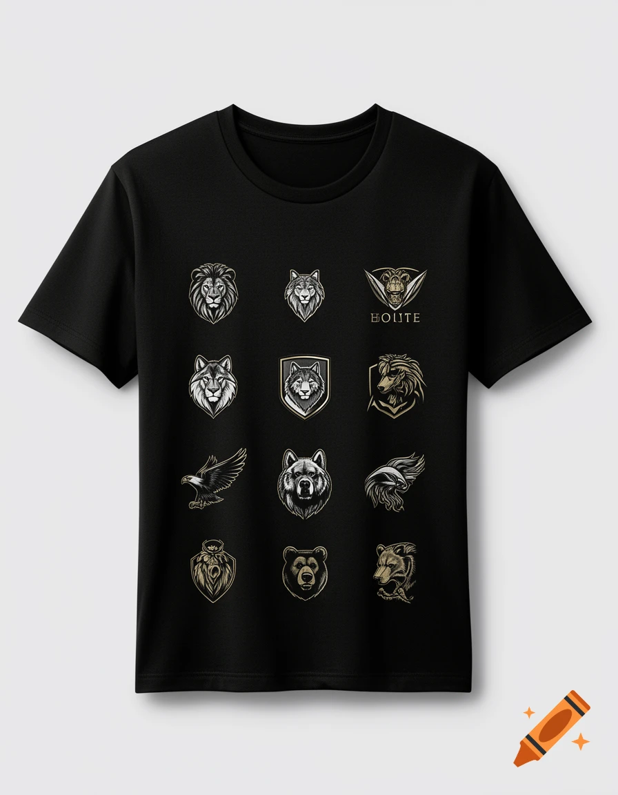 A black t-shirt printed with a grid of 12 animal logos including lions, wolves, eagles, and bears in a stylized illustrative design.