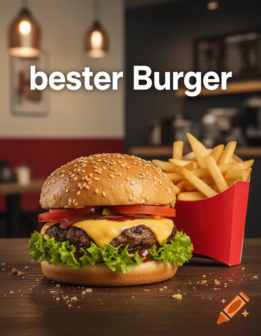 Photorealistic advertisement for a burger and fries with the text 'bester Burger' on a dark wooden table.
