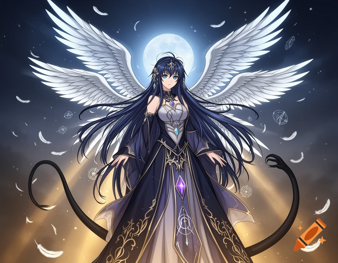Anime-style illustration of a long-haired girl with six white feathered wings and a thin black tail, standing before a full moon.