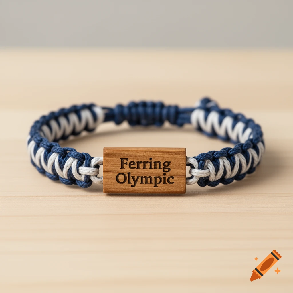 Blue and white micro macrame bracelet featuring a laser-engraved wooden center connector with the text Ferring Olympic, photorealistic.