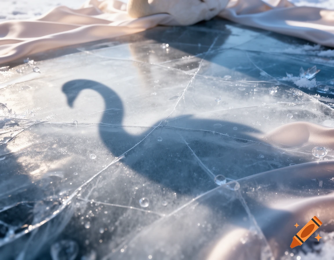 Photorealistic image of a swan's shadow cast onto cracked, textured ice with silky fabric draping across the surface.