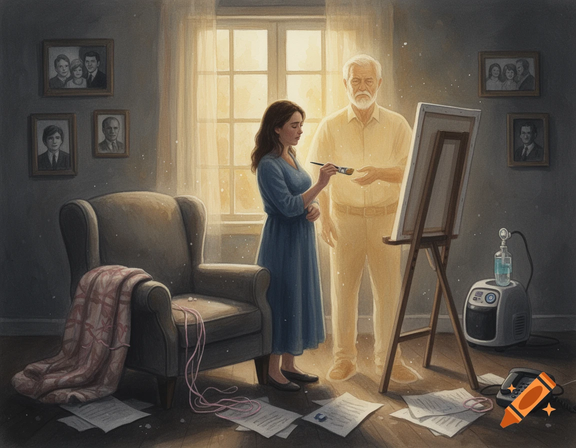 An emotional digital painting of a woman painting a luminous glowing portrait of her deceased father in a cozy room filled with memories.