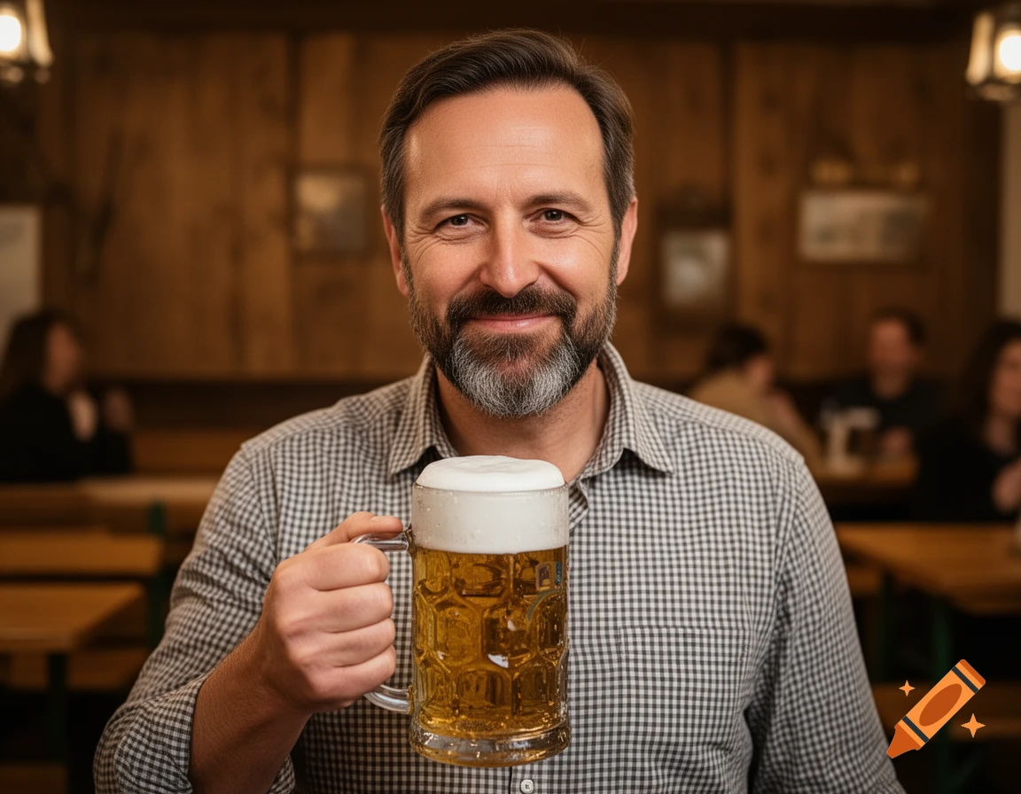 Photorealistic portrait of a middle-aged man with a beard holding a large glass of beer in a rustic tavern.