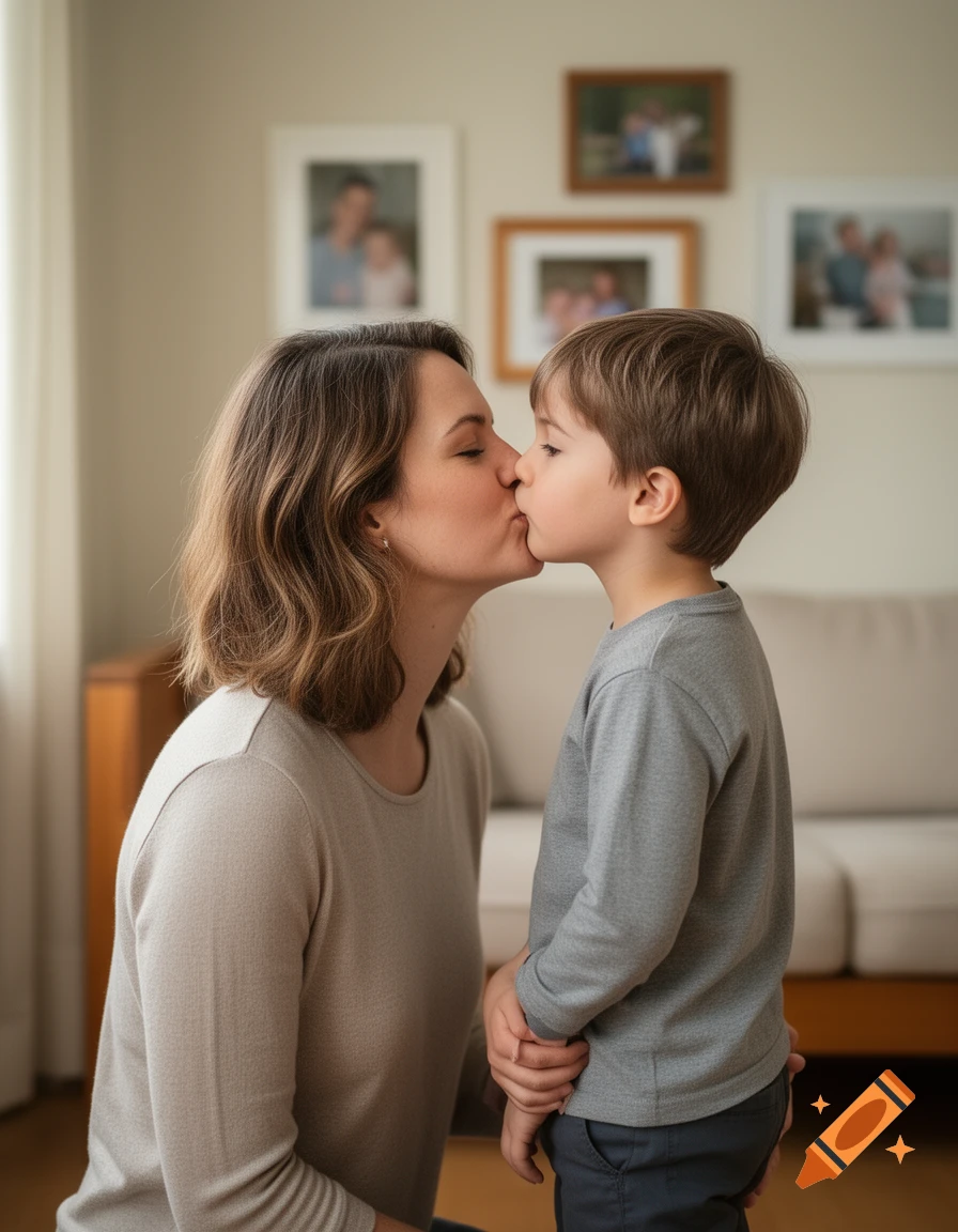 Photorealistic image of a mother kneeling and kissing her young son in a living room.
